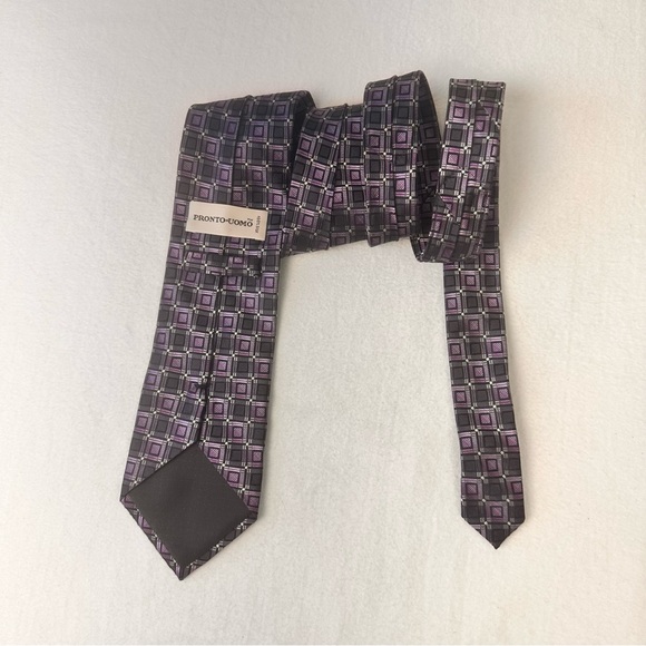 Pronto Uomo Silk Tie Men's Grey Purple Designer Necktie Office Geometric Carrier - Picture 5 of 10